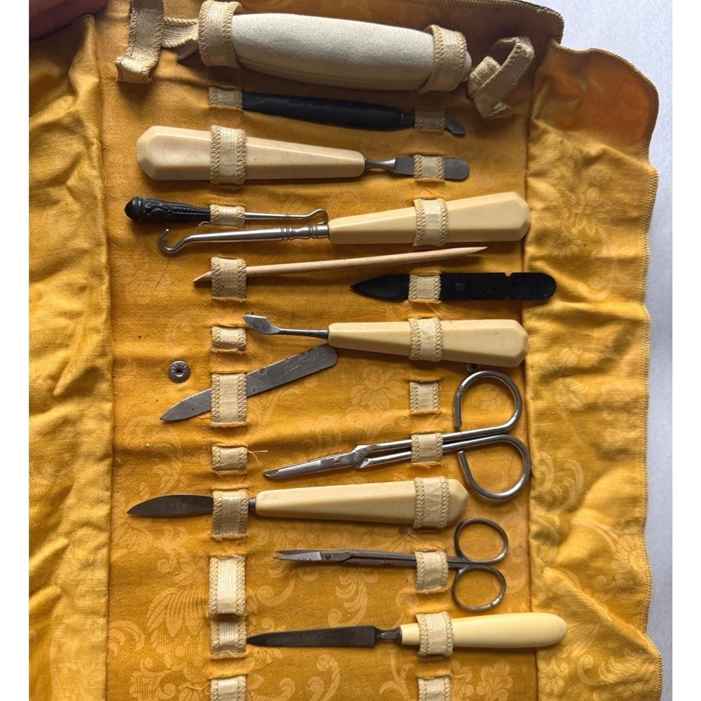 Antique Victorian Manicure Grooming Set Roll Case Celluloid Solingen 1900s - Picture 5 of 7